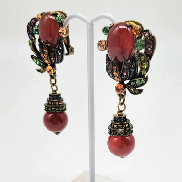 Heidi Daus Carnelian and Multicolor Swarovski Crystal Clip on Dangle Earrings - Picture 4 of 11